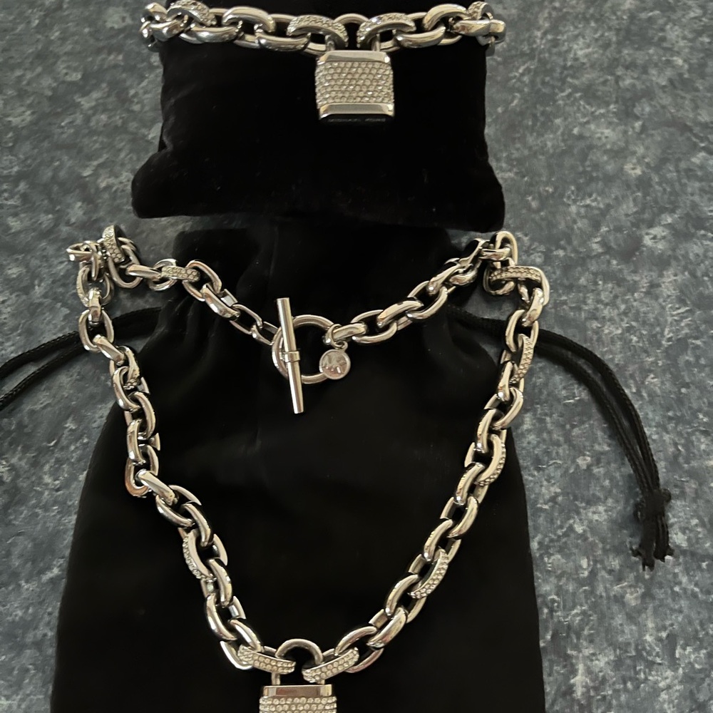 Michael Kors Collection Silver Chain Necklace and Bracelet with Toggle Closure